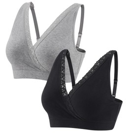ZUMIY Maternity Nursing Bra Sleeping Tops, Wireless Breastfeeding Pregnancy Cotton Bras, Full Coverage, Adjustable Straps Lace Trim (UK, Alpha, M, Regular, Regular, Black+grey/2pack)