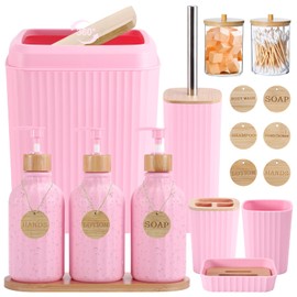 Pink Bathroom Accessories Set 17PCS Bathroom Set with Trash Can 3PCS Lotion Soap Dispenser, Toothbrush Holder, Soap Dish,Tumbler Cup,6PCS Wood Tags Bath Accessories with Tray for Kitchen Bathroom