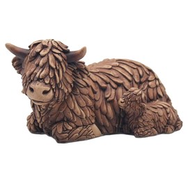 Widdle Gifts Bronze Coloured 18cm Resin Animal Ornament - Laying Hughie Highland Cow & Calf 9381