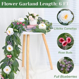 Yastouay Artificial Flower Garland Decorations, 6Ft Greenery Floral Garland with Camellia Rose Buds Fake Flowers for Wedding Arch Party Tables Mantle Backdrop Room Decor