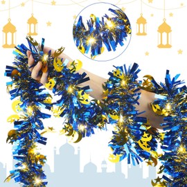 Kingdder 16.4 ft Eid Mubarak Decorations Garland Ramadan Metallic Garland with 50 LED Lights Hanging Star Crescent Moon Garland with Light Foil Tinsel Garland for Ramadan Party Decor