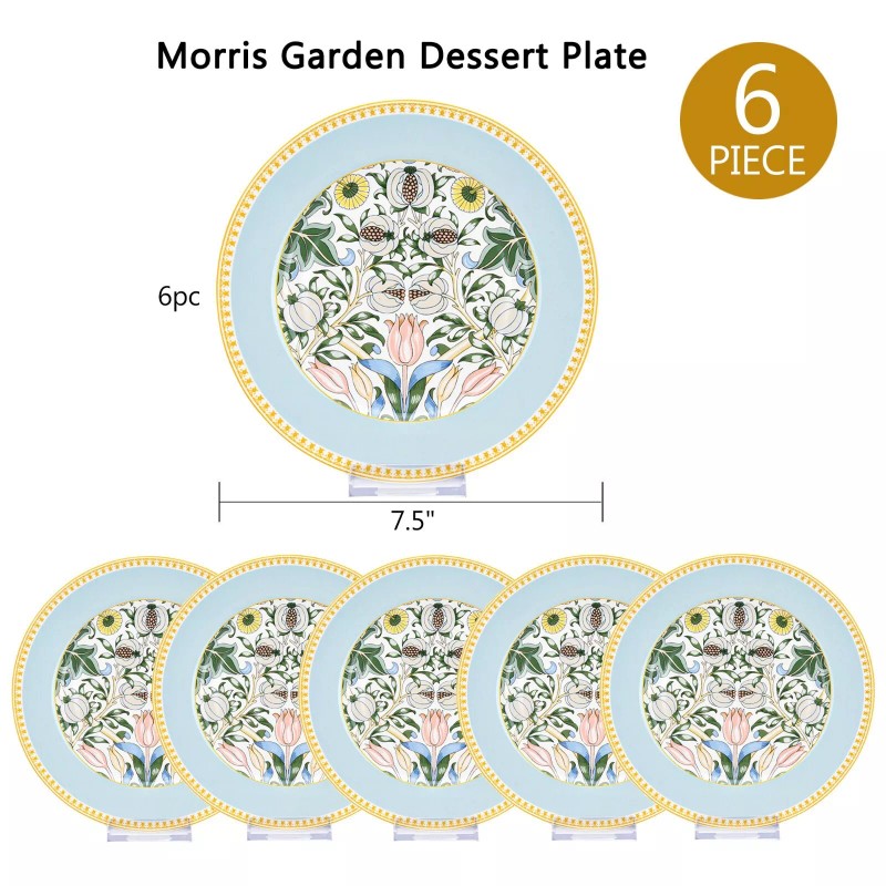 SET OF 6 Morris Garden Porcelain Dessert Plates Floral Bone