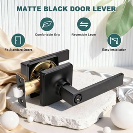GOBEKOR 6 Pack Matte Black Door Handle Privacy Door Levers Interior Door Handles with Lock Square Bedroom Bathroom Door Locks Modern Black Interior Door Hardware