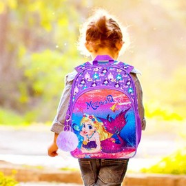 KLFVB 3PCS Mermaid Backpack for Girls, 16" Sequin Kids Bookbag and Lunch Box, Preschool Backpacks for Elementary Students