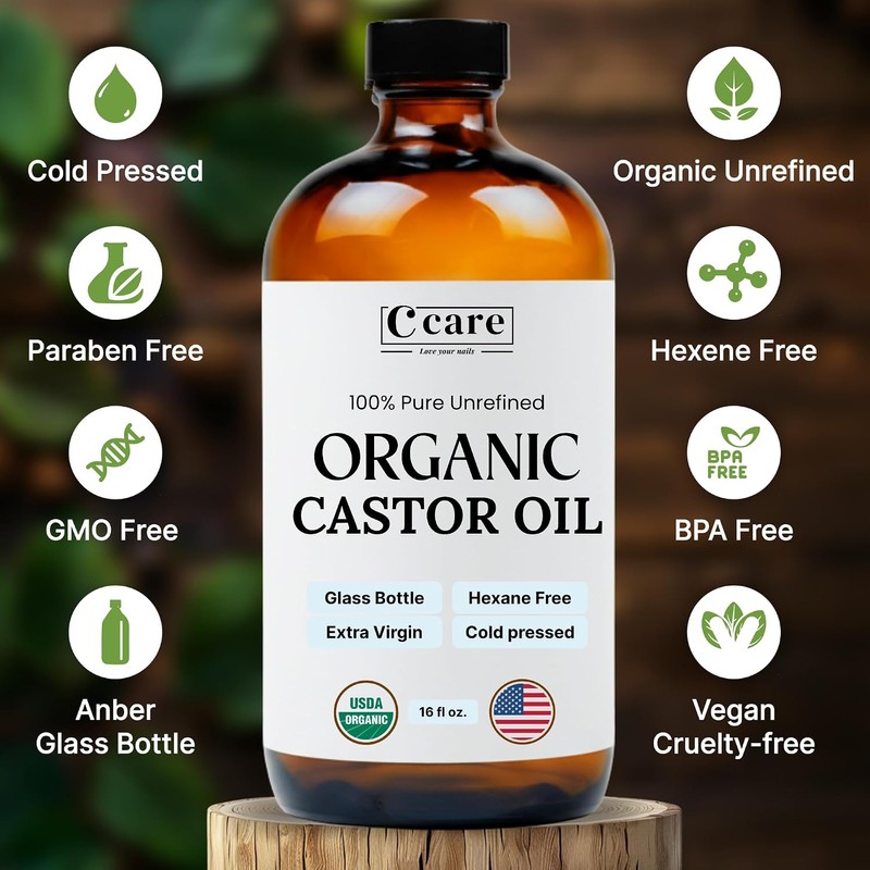 Castor Oil 100% Pure Organic Cold Pressed Unrefined Glass Bottle