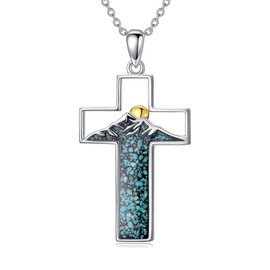 HARMONY BOLA Cross Mountains Necklace 925 Sterling Silver Turquoise Gravel Sunset Pendant Nature Jewelry Faith Christian Gift for Men Women