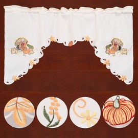 Simhomsen Fall Autumn Embroidered Turkey Kitchen Window Curtain Swag and Tiers Set for Thanksgiving Holiday (Turkeys)