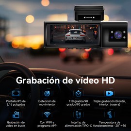 AWCBBT Dashcam para Auto,con WiFi Lengua Española Camara para Carro1080P,Control de App,Visión Nocturna,Monitor de Estacionamiento,Grabación en Bucle,3 Cámaras y 140/110/90°Gran Angular Dash CAM