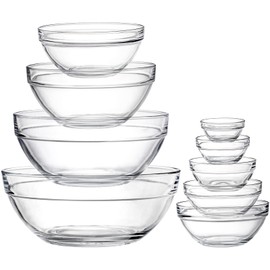 Lawei Set of 9 Glass Mixing Bowls - Glass Nesting Bowls Prep Bowl Clear Salad Bowls for Kitchen Prep Salad, Cereal, Ice Cream, Pasta, Fruits