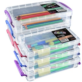 Odowalker 6 Pack Large Capacity Pencil Box with Buckles Office Supplies Storage Organizer Box Stackable Clear Pen Container Brush Painting Pencils Storage Box Drawing Tools