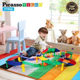 PicassoTiles 50 Piece Race Car Track Building Block Educational Toy Set Magnetic Tiles Magnet DIY Playset 2 Light Up STEM Learning Construction Kit Hand-Eye Coordination Fine Motor Skill Training