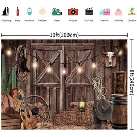 3 x 2.4 m Photo Background Western Cowboy Wild West Rustic Wooden House Barn Door Vintage Photography Background Children Baby Shower Western Birthday Party Decorations Banner Photo Studio Props