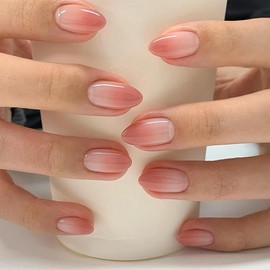 Uñas Postizas de Cortas Largas de Francesa, Adhesivas Uñas Press on Nails de Cobertura Completa, Falsas Decoradas Acrílico Natural para Mujeres y (A)