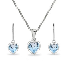 B. BRILLIANT Necklaces and Earrings for Valentines Day Jewelry Sets for Women Sterling Silver Bezel Heart Blue Topaz Pendant Necklace & Dangle Earrings