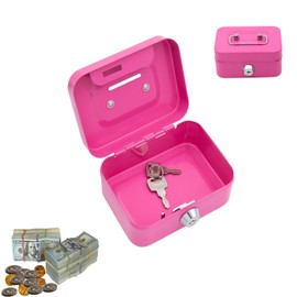 Small Lockable Cash Box with Key, Small Vault, Metal Locker Cash Box with Key Lock, Wallet, Cash Register with 2 Keys, 11.5 x 8.5 x 5.8 cm (Pink)