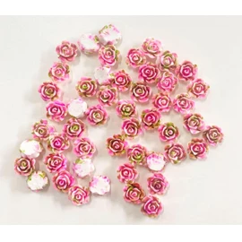 50pcs Kawaii Round Pink and Green Flat Back Rose Flower Resin Embellishments Cabochon for Crafting