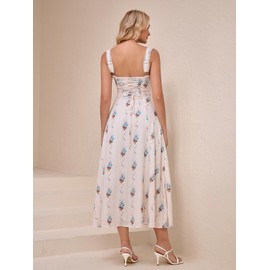 KUTUMAI Floral Corset Midi Dresses for Women 2025 Lace Up Flowy Summer Wedding Guest Dress with Pockets BlueFlower XS