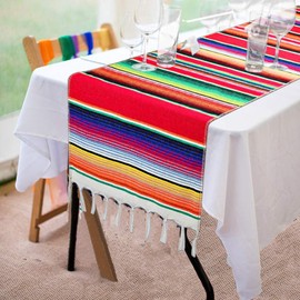 Fowecelt Camino de mesa mexicano Serape de 35.6 x 2.1 m para fiestas mexicanas, decoraciones de boda, pícnics al aire última intervensión, mesa de comedor, caminos de mesa tejidos a mano de algodón