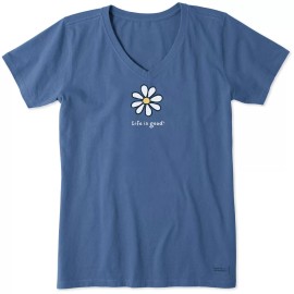Life is Good. Women's LIG Daisy Short Sleeve Crusher Vee, Vintage Blue - X-Large