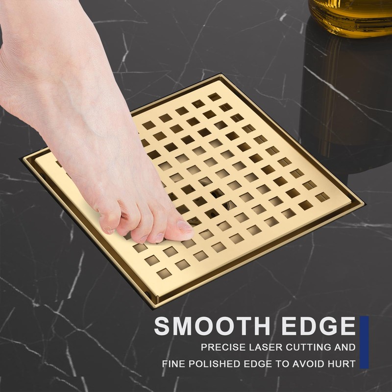 6 Inch Square Shower Drain | Brushed Gold Shower Drain