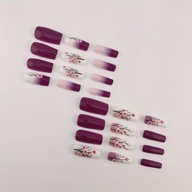 Flower Press on Nails Long Fake Nails Purple White Gradient False Nails with Acrylic designs Coffin Stick on Nails Glossy Full Cover Gel Glue on Nails for Women Girls Spring Summer Manicure24pcs