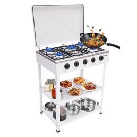 5 Burner Stove, Portable Outdoor Camp Stove with 2 Tiers Storage Rack and Wind Blocking Cover, BBQ Gas Grill Dual Natural Gas Cooker for Camping Picnic, Backyard and RV Cooking (5 Burner(White))