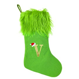 18 Inches Monogram Christmas Stockings Green Knitted Cloth with Faux Fur Hanging Stocking Green Elf Xmas Stocking Decor Treat Bag Candy Pouch Holder Favor for Fireplace Gift Present Xmas Tree Decor