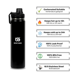 Beazyness 'universeBottle' Stainless Steel Drinking Bottle - BPA-Free - Leak-Proof - Suitable for Carbonated Drinks - Insulated Bottle with Screw Cap Fitness, Outdoor (Black, 710 ml)