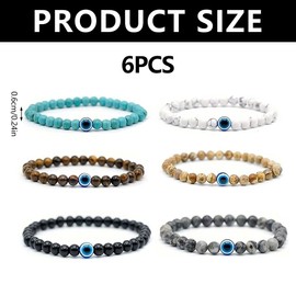 LEBKFT 6 Pcs Evil Eye Bracelet for Men, 6mm Natural Stone Stretch Adjustable Beaded Bracelet, Protection & Style