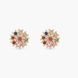 Tarinika Brass Navaratna Floral Stud Earrings - Indian Earrings for Women | Perfect for Casual Occasions | Traditional Indian Jewelry | 1 Year Warranty*