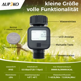Aupoko Digitaler Wasserzähler mit IPX5 Schutz – Praktischer Wasseruhr mit 4 Messmodi zur Kontrolle des Wasserverbrauchs, 180°Drehbarer Durchflussmesser für Gartenbewässerung, Landwirtschaft