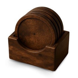 IXXORA Handcrafted Acacia Wood Drink Coasters Set of 6 with Holder, Rustic Charm, Food-Grade Oil-Based Dark Brown Finish, Stylish & Functional for Drinkware, Furniture Protection, and Home Décor