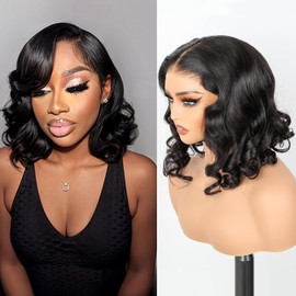 Chrypk Natural Wave Wear and Go Glueless Bob Wigs Human Hair 5x5 HD Lace Closure Wigs Pre Plucked Bob Body Wave Lace Front Wigs for Black Women (Natural Black, 12 Inch)
