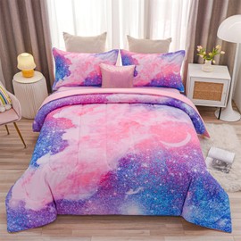 A Nice Night Galaxy Bedding Sets Outer Space Comforter 3D Printed Space Quilt Set Full 6Pcs Glitter Pink,for Children Boy Girl Teen Kids