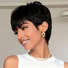 SAEIALL Peluca de cabello humano corto negro con corte pixie para mujeres negras, peluca de pixie en capas para mujeres, pelucas cortas 1B para mujere
