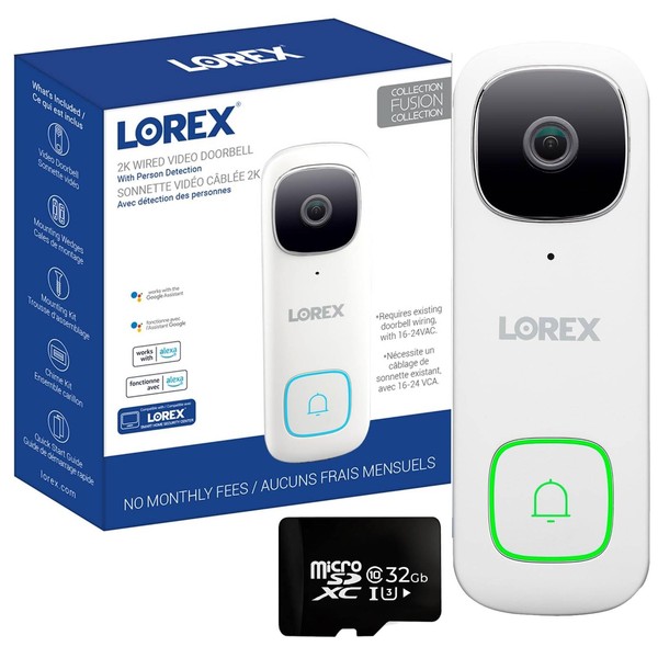 Lorex 2K WiFi Video Doorbell - Home Surveillance Wired Video Doorbell Outdoor Security Camera System - Requires Existing 16-24VAC Doorbell Wiring (White)- Free Pre Installed 32GB MicroSD Card