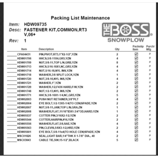 Boss OEM GENUINE NEW BOSS HDW09735 FASTENER KIT,COMMON,RT3 V,06+