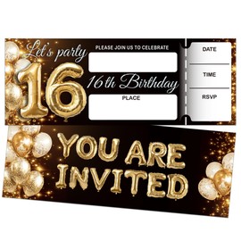 16th Birthday Invitations, Birthday Party Invites For Women Men, Black Gold Glitter Fill-in Invites Cards, 20 Invitations with 20 Envelopes, Party Favors Supplies Decorations(3×8inches) A01