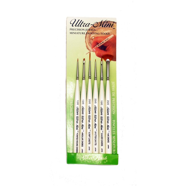 Silver Brush Limited Ultra Mini Basic Miniature Detail Brush Set, Acrylic and Watercolor Brushes, Short-Handle Art Brushes, 6-Piece Set