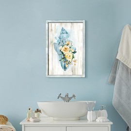 Conch Wall Art Framed Picture: Bathroom Coastal Sea Snail Shell Wooden Painting Decor Watercolor Beach Creature Whelk Seashell Print Artwork Bedroom Living Room Decoration