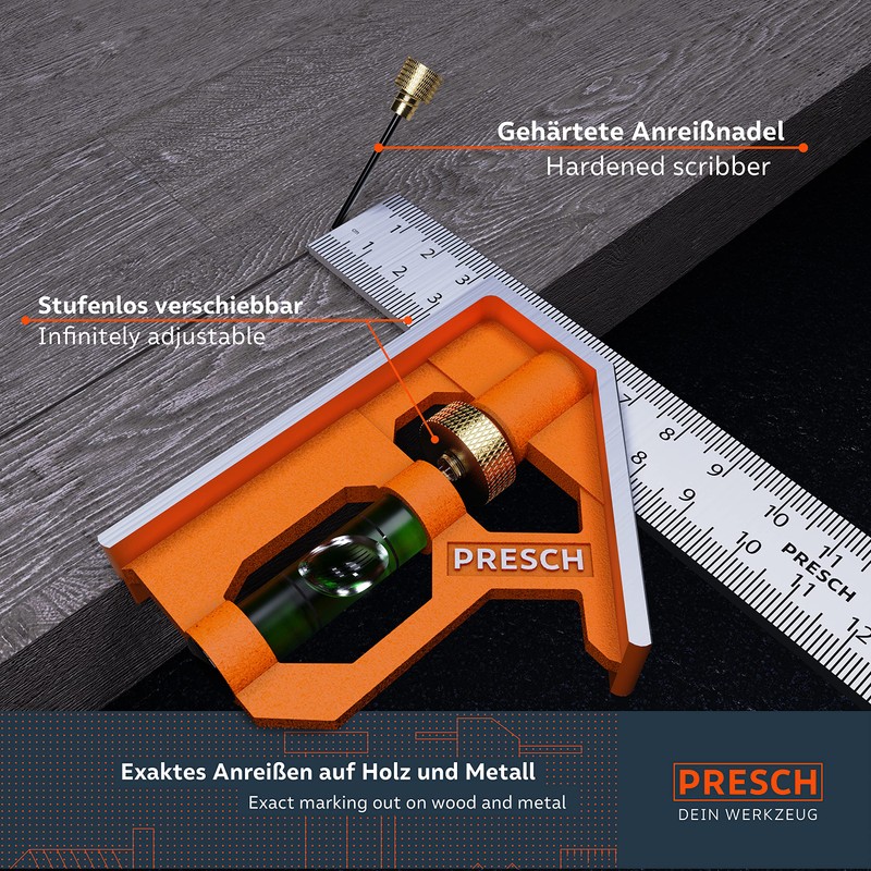 Presch Combination Square 150mm Metric – Accurate Universal Adjustable Carpenter