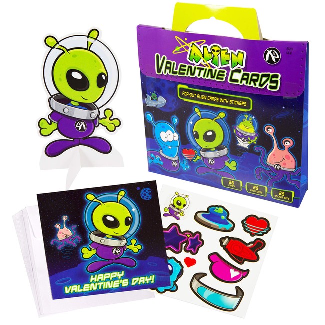 Valentine's Day Cards For Kids | Alien & UFO Kids Valentine 28 Pop-Out Cards with Stickers | Classroom Fun For Boys & Girls