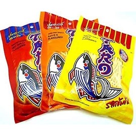 Taro Fish Snack BBQ, Hot Chili, Spicy Thai Food No Fat High Protein (3 x 30 g.) by Thai Premium (Original Version)
