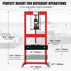 12 Ton Hydraulic Shop Press, H-Frame Bearing Press, 8-Hold Adjustable Working Table Height, 12 Ton/26000Lbs, for Garage & Professional Use
