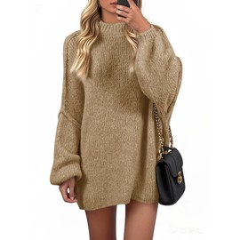 Wenrine Womens Oversized Sweater Dress Casul Puff Long Sleeve Fall Chunky Knit Loose Tunics Pullover Tops Khaki