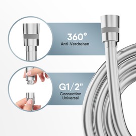 Yuanny Shower Hose 1.5 m with Double Twist Protection and Anti-Kink Protection, Hose for Shower Head, Flexible Shower Hose, Brass Connections, Universal G1/2 Inch Connection