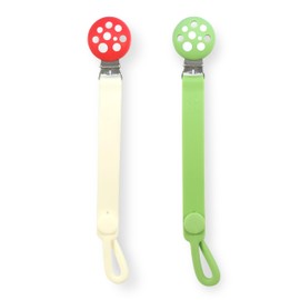RaZbaby Chompy Silicone Pacifier Holder Clip Set – 2 Pack Textured, Soft & Flexible Binky Clips with Universal Fit, One-Piece Design, BPA-Free, Durable & Lightweight for Babies 0M+, Red/Green – 2 Pack