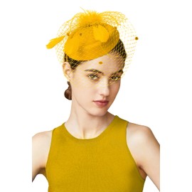 BABEYOND Fascinator Hat Veil Feather Fascinators Hair Clip Tea Party Pillbox Derby Hat Fascinator Bridal Wedding Golden