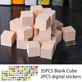 35 Pieces 30 x 30 x 30 mm Wooden Blocks for Crafts, 3 cm Blank Craft Blocks, Wooden Pieces for DIY & Crafts, Wooden Cubes, Wooden Decorative Wooden Blanks for Painting, Includes 2 Number Stickers
