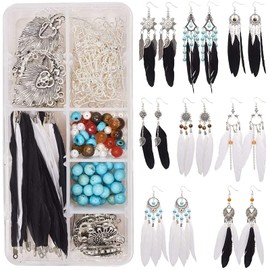 SUNNYCLUE 1 Box DIY 8 Pairs Bohemian Long Natural Feathers Dangling Hook Earring Making Sets with Chandelier Connectors Charms Jewellery Accessories Crafts for Women Girls Black and White